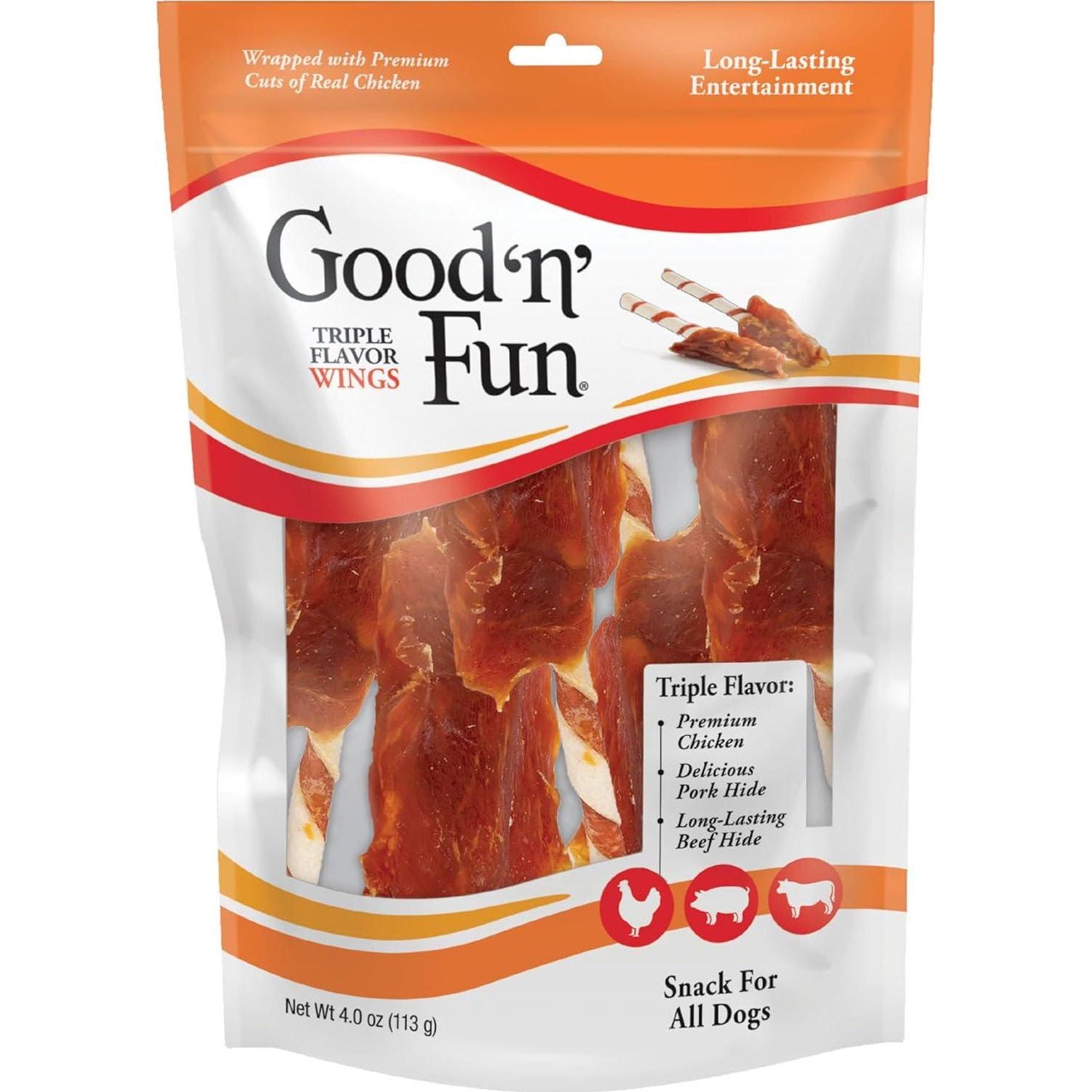 Good 'n' Fun Triple Flavor Wings 4oz, Long-Lasting Dog Chews Made with Chicken, Pork Hide & Beef Hide, All Dogs
