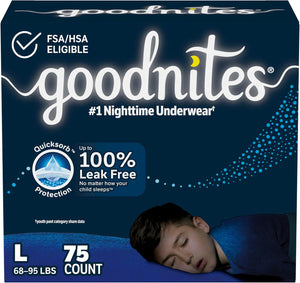 GoodNites Boys Nighttime Bedwetting Underwear, Size Large (68-95 lbs), 75 Count, 3 Packs of 25 (Packaging May Vary)