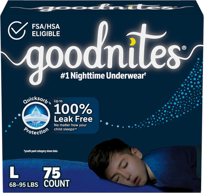 GoodNites Boys Nighttime Bedwetting Underwear, Size Large (68-95 lbs), 75 Count, 3 Packs of 25 (Packaging May Vary)