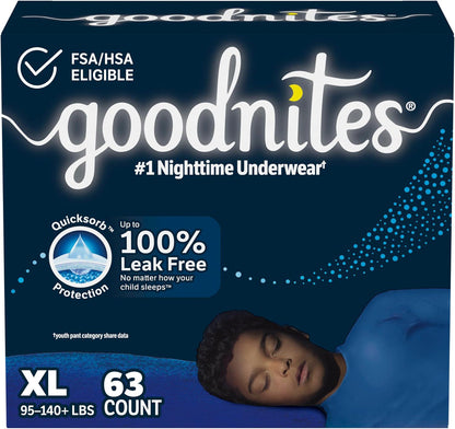 GoodNites Goodnites Boys' Nighttime Bedwetting Underwear, Size Extra Large (95-140+ Lbs), 63 Ct (3 Packs Of 21), Packaging May Vary