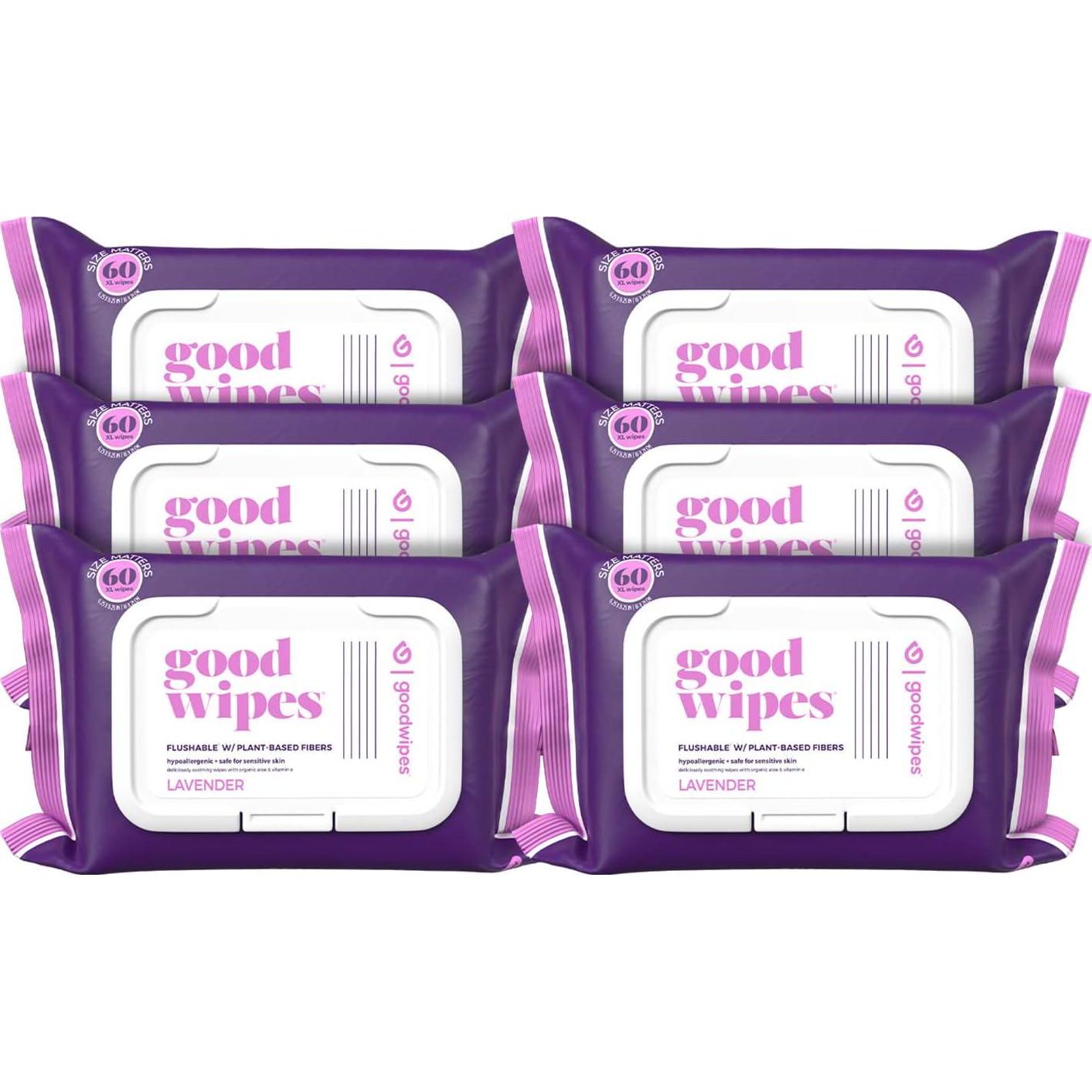 goodwipes Goodwipes Flushable Butt Wipes Made With Vitamin E And Aloe - Soft And Gentle Wet Wipe Dispenser For Home Use, Septic And Sewer Safe - Largest Adult Toilet Towelettes - Lavender, 360 Count (6 Packs)