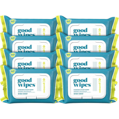 Goodwipes Flushable Butt Wipes, Made with Vitamin E & Aloe, Soft & Gentle, Septic & Sewer Safe, 60 Count, Pack of 8 (Shea Coco)