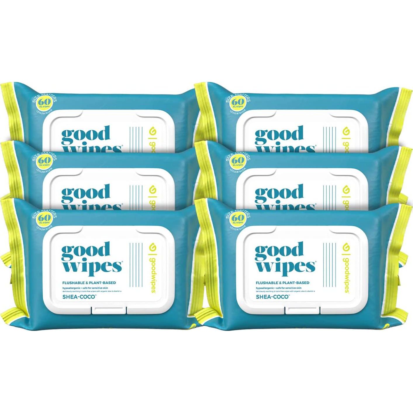 Goodwipes Flushable Butt Wipes, Vitamin E & Aloe, Soft & Gentle, 360 Count (6 Packs), Septic-Safe, Gentle Wet Wipes for Home Use