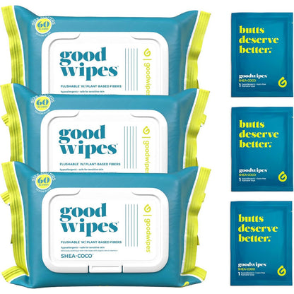 goodwipes Goodwipes Flushable Butt Wipes - Vitamin E And Aloe - Soft And Gentle Wet Wipe Dispenser, Septic And Sewer Safe - Largest Adult Toilet Towelettes - Shea-Coco, 180 Count (3 Packs) + 3 Individually Wrapped