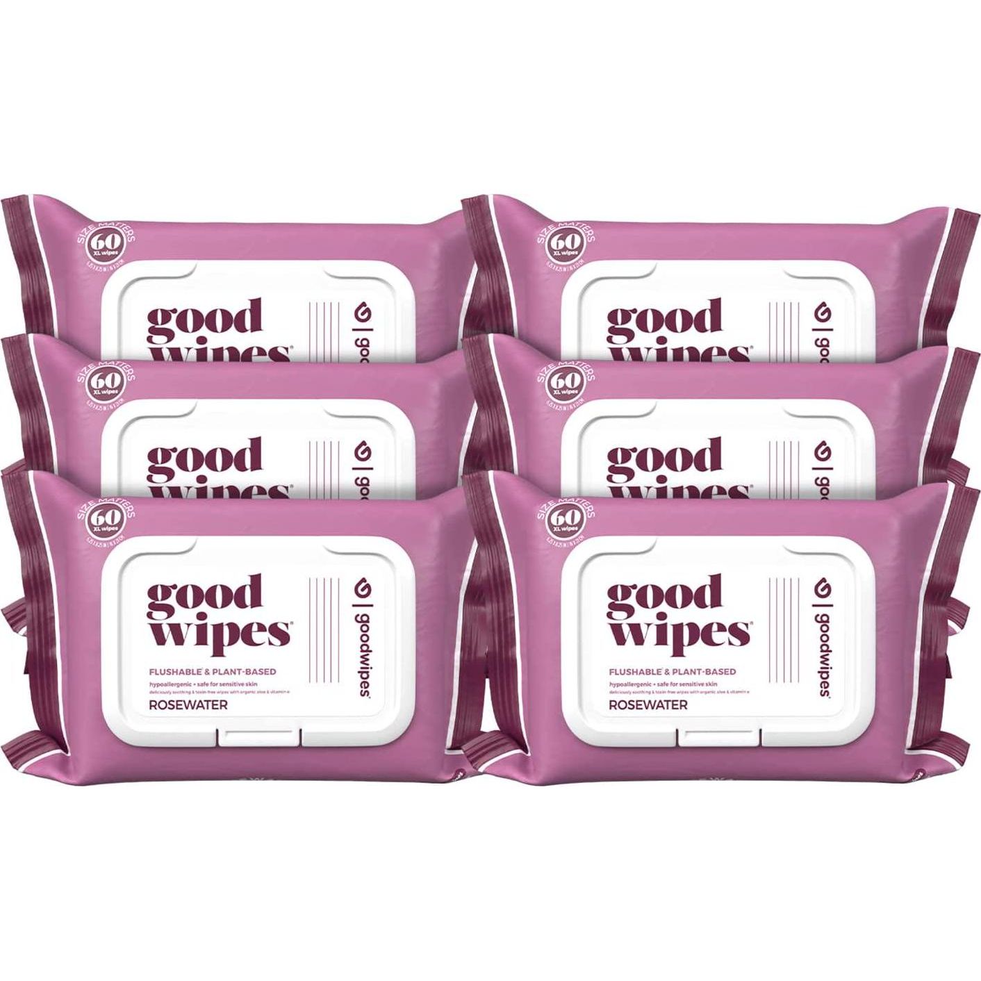 Goodwipes Flushable Butt Wipes, Rosewater Scent, 360 Count, Soft & Gentle, Septic-Safe, Large Adult Towelettes, 6 Packs