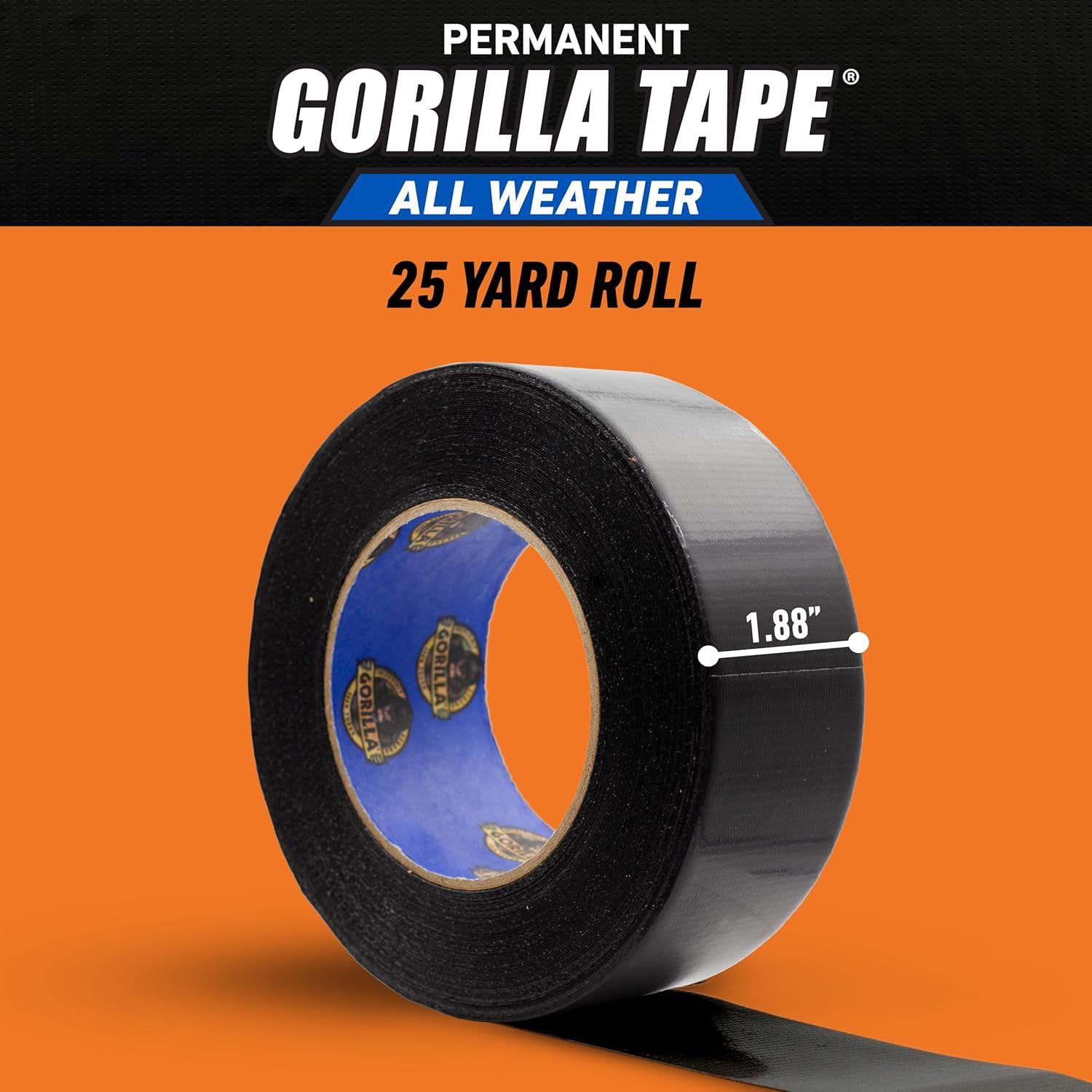 Gorilla All Weather Outdoor Waterproof Duct Tape, UV And Temperature Resistant, 1.88 X 25 Yd, Black, (Pack Of 6),