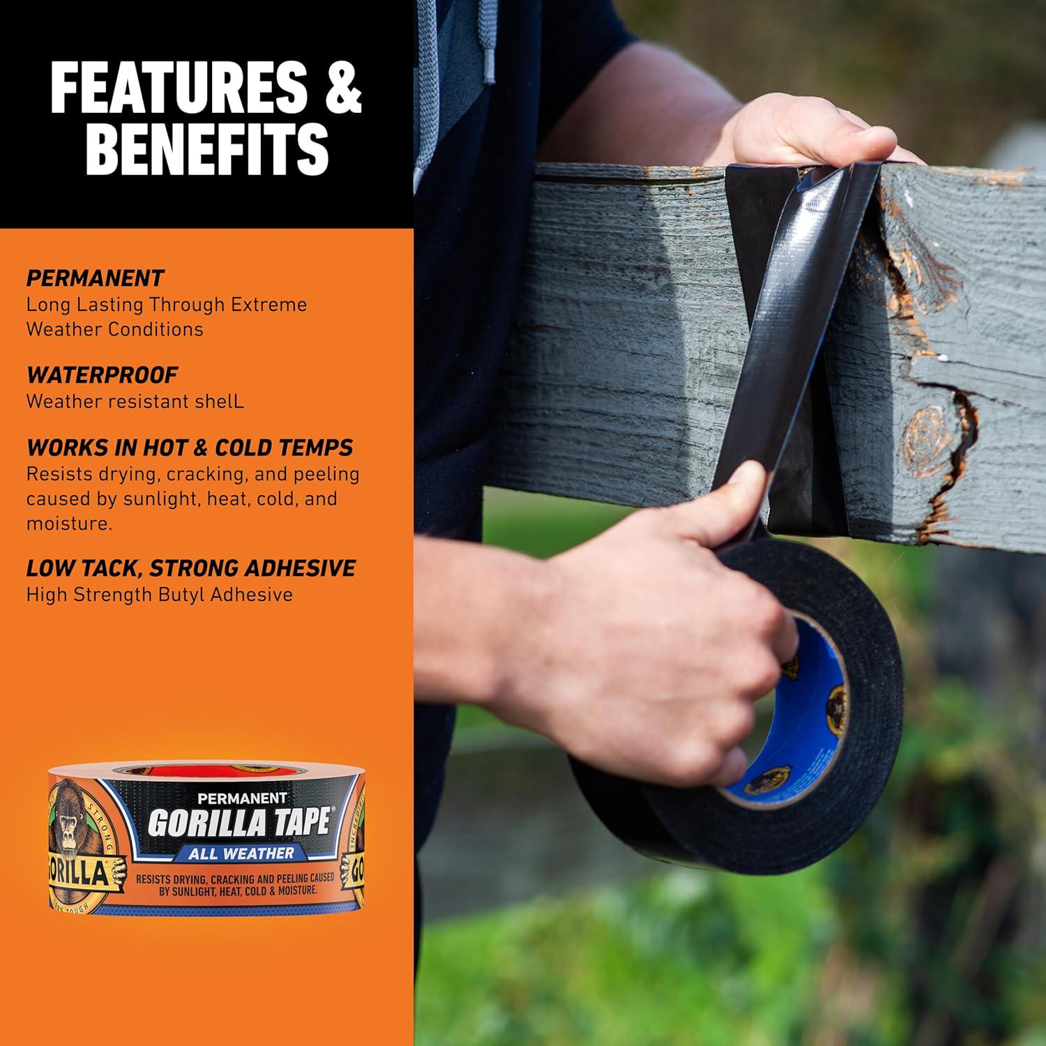 Gorilla All Weather Outdoor Waterproof Duct Tape, UV And Temperature Resistant, 1.88 X 25 Yd, Black, (Pack Of 6),