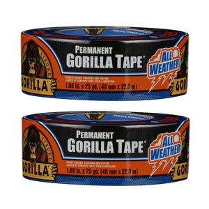 Gorilla All Weather Outdoor Waterproof Duct Tape, UV And Temperature Resistant, 1.88 X 25 Yd, Black, (Pack Of 2),