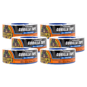 Gorilla All Weather Outdoor Waterproof Duct Tape, UV And Temperature Resistant, 1.88 X 25 Yd, Black, (Pack Of 6),