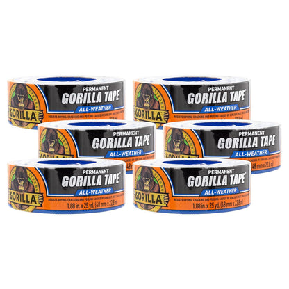 Gorilla All Weather Outdoor Waterproof Duct Tape, UV And Temperature Resistant, 1.88 X 25 Yd, Black, (Pack Of 6),