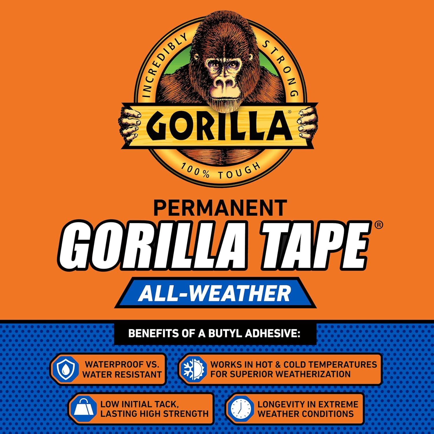Gorilla All Weather Outdoor Waterproof Duct Tape, UV And Temperature Resistant, 1.88 X 25 Yd, Black, (Pack Of 6),