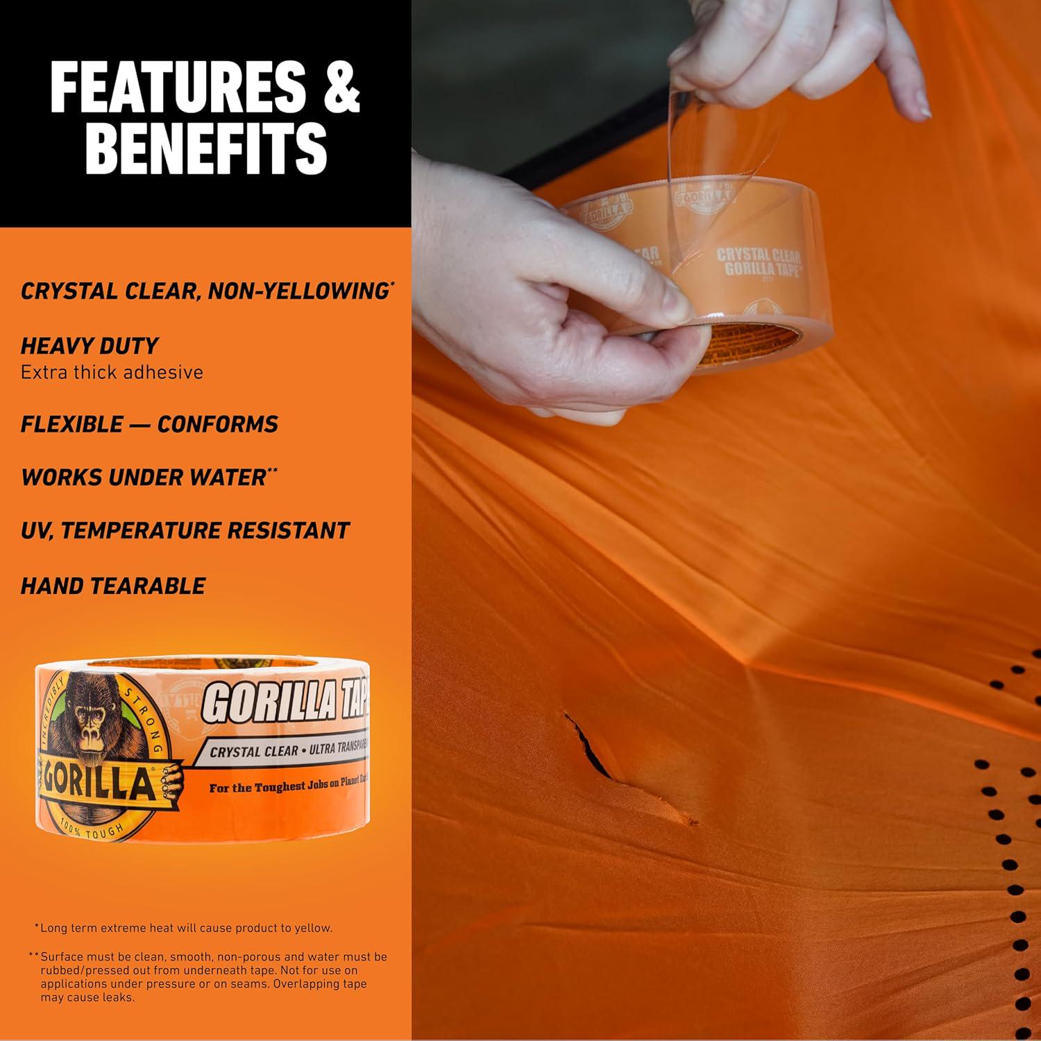 Gorilla Crystal Clear Repair Duct Tape, 1.88 X 18 Yd, Clear, (Pack Of 2),