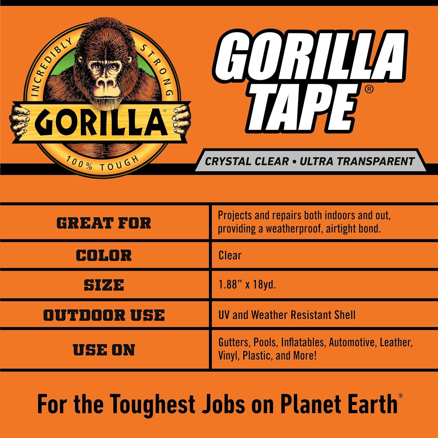 Gorilla Crystal Clear Repair Duct Tape, 1.88 X 18 Yd, Clear, (Pack Of 2),