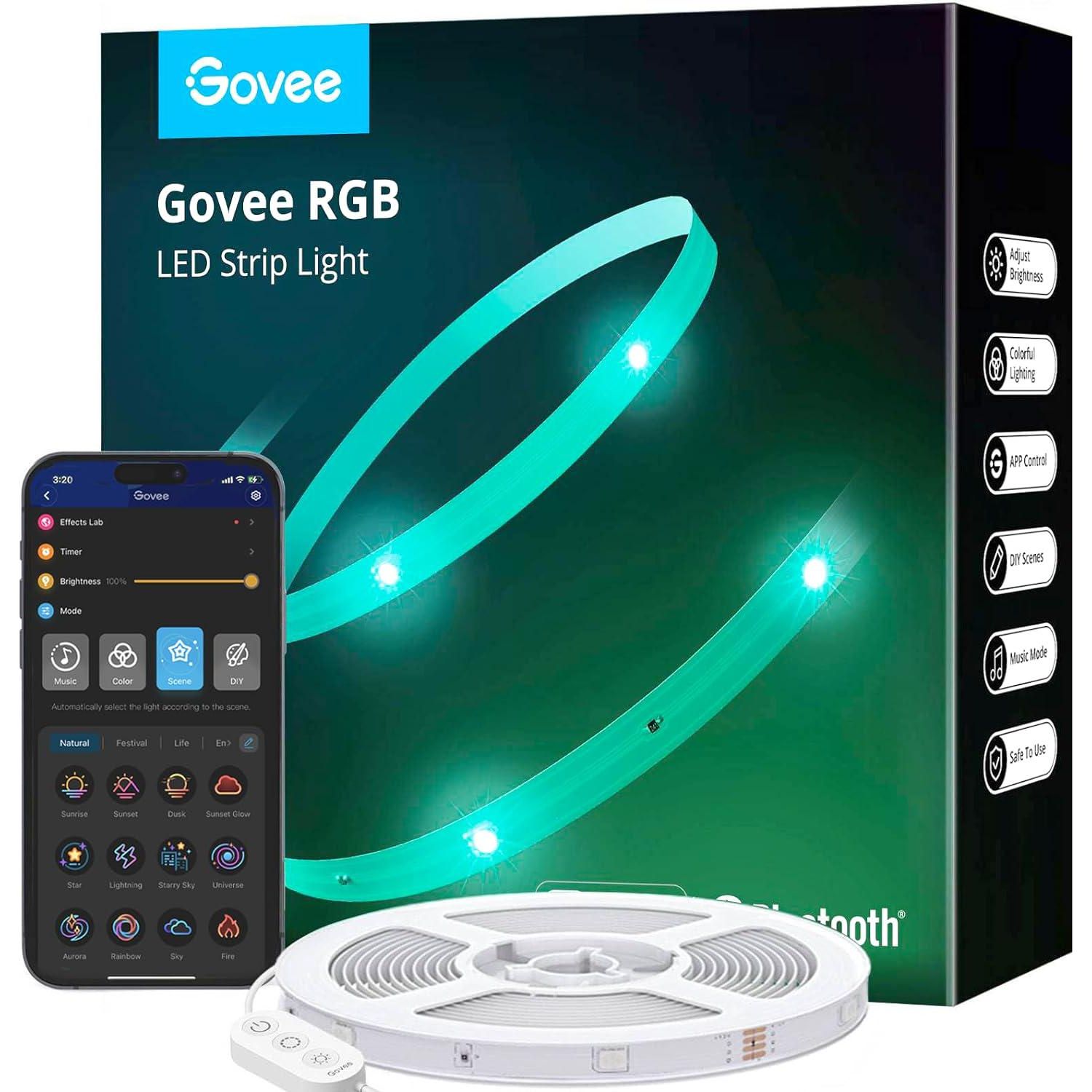 Govee 50ft LED Strip Lights, Bluetooth LED Lights With APP Control, 64 Scenes And Music Sync LED Lights For Bedroom, Living Room, Kitchen, Party, RGB LED Strip Lights, ETL Listed Adapter,