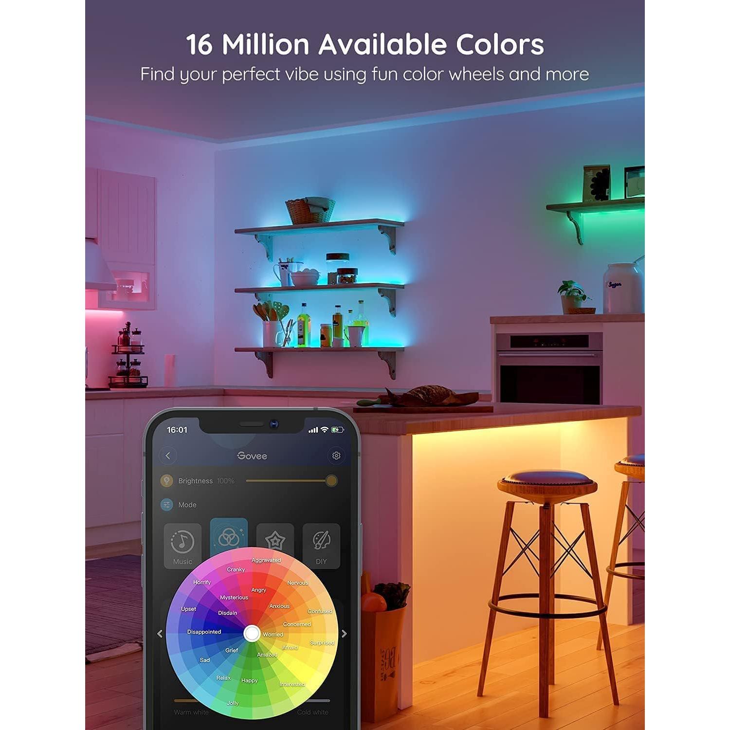 Govee 50ft LED Strip Lights, Bluetooth LED Lights With APP Control, 64 Scenes And Music Sync LED Lights For Bedroom, Living Room, Kitchen, Party, RGB LED Strip Lights, ETL Listed Adapter,