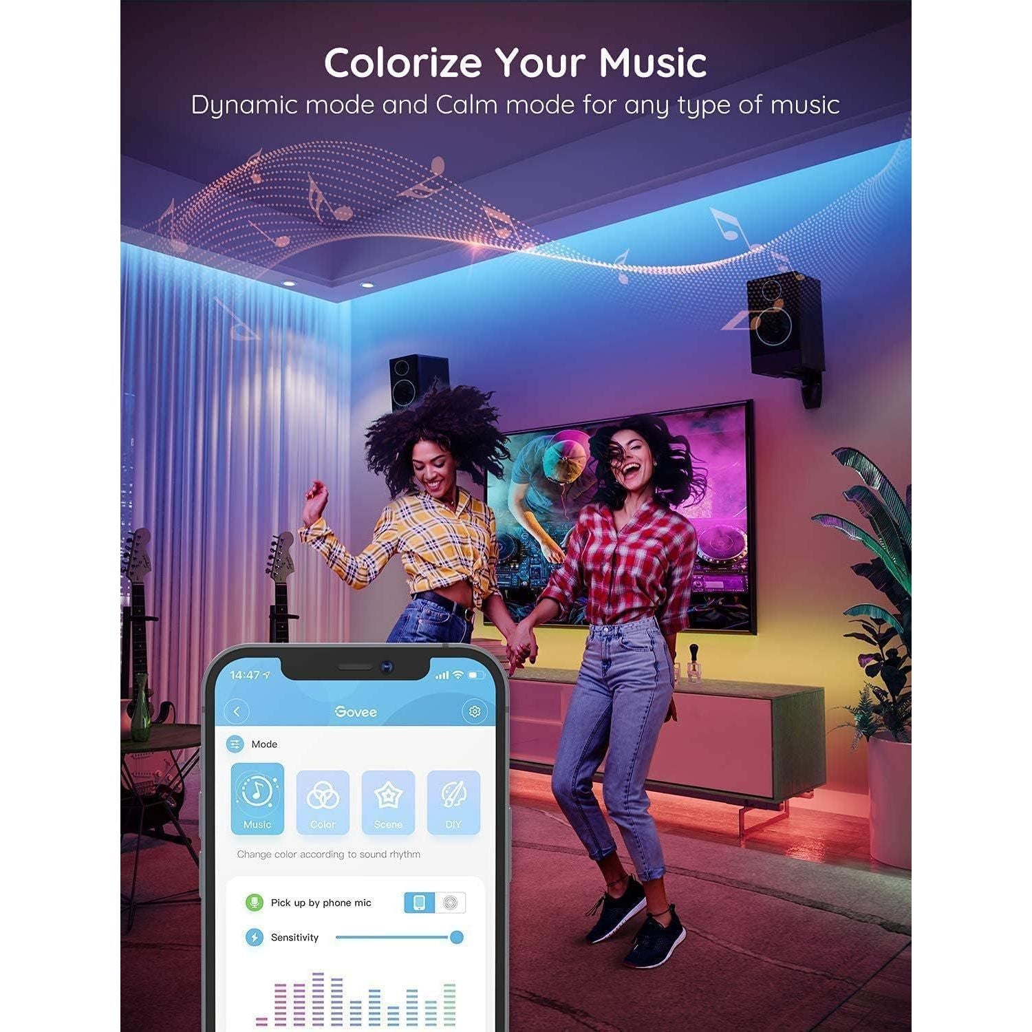 Govee 50ft LED Strip Lights, Bluetooth LED Lights With APP Control, 64 Scenes And Music Sync LED Lights For Bedroom, Living Room, Kitchen, Party, RGB LED Strip Lights, ETL Listed Adapter,