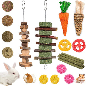 GRDDAEF Bunny Chew Toys 20 Pack for Small Pets Includes Apple Wood Grass Timothy Sticks Hamster Guinea Pig Treats