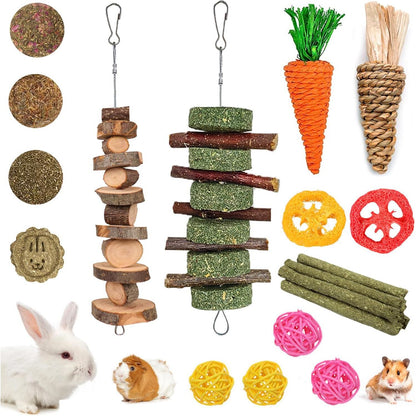 GRDDAEF Bunny Chew Toys 20 Pack for Small Pets Includes Apple Wood Grass Timothy Sticks Hamster Guinea Pig Treats