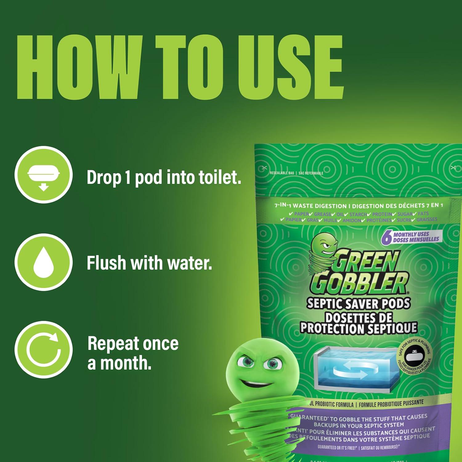 Green Gobbler Septic Tank Treatment Packets - Natural Bacteria To Prevent Costly Septic Issues, Back-Ups, Foul Odor (24 Pods) Pod: Color May Vary,