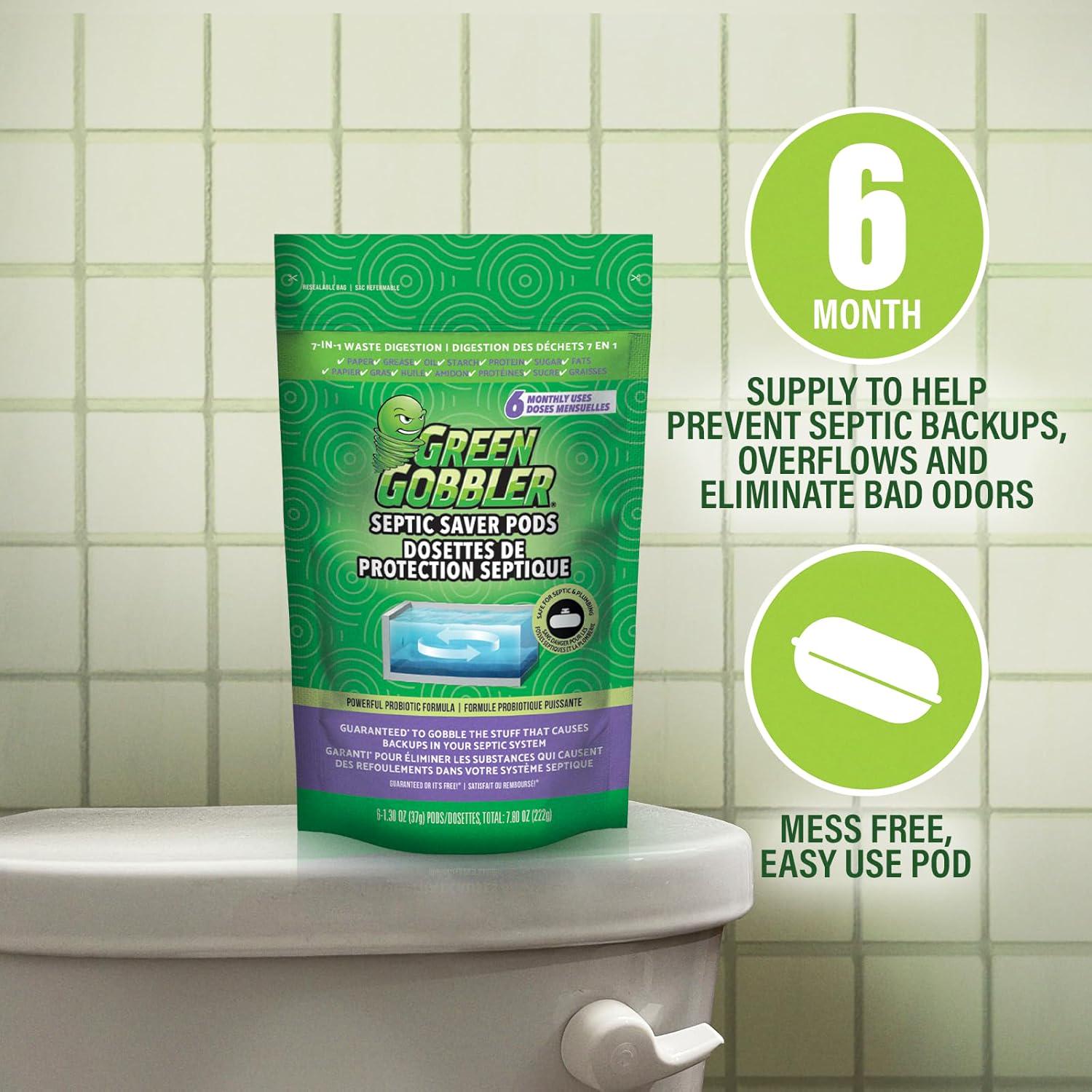 Green Gobbler Septic Tank Treatment Packets, 6 Month Supply - Natural Bacteria To Prevent Costly Septic Issues, Back-Ups, Pod: Color May Vary,