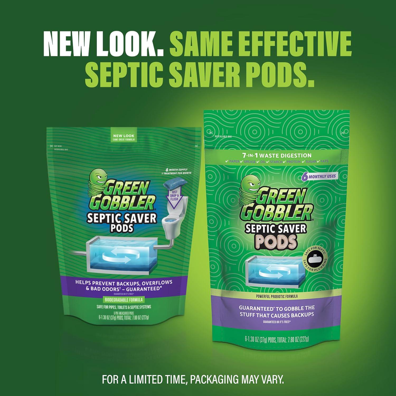 Green Gobbler Septic Tank Treatment Packets, 6 Month Supply - Natural Bacteria To Prevent Costly Septic Issues, Back-Ups, Pod: Color May Vary,