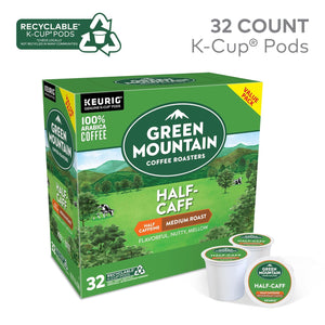 Green Mountain Coffee Roasters Half Caff Keurig K-Cup Pods, Medium Roast, 32 Count, Balanced & Smooth Coffee