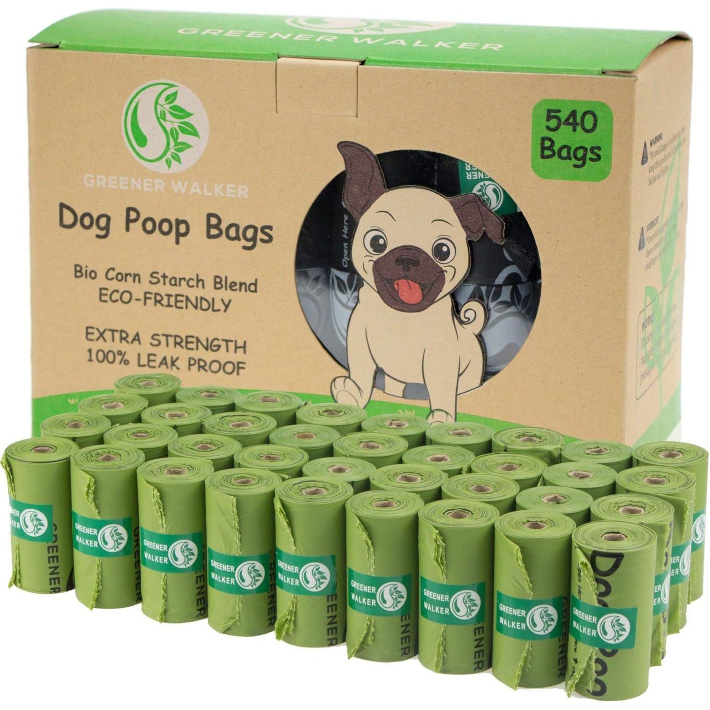 Greener Walker Dog Waste Bags 540 Count Thick Leak Proof Green Poop Bags Extra Strong for Pet Cleanup Refill Rolls