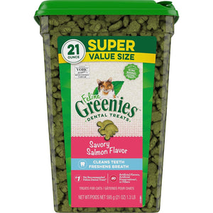 Greenies Feline Adult Natural Dental Care Cat Treats Savory Salmon Flavor, 21 Oz. Tub,