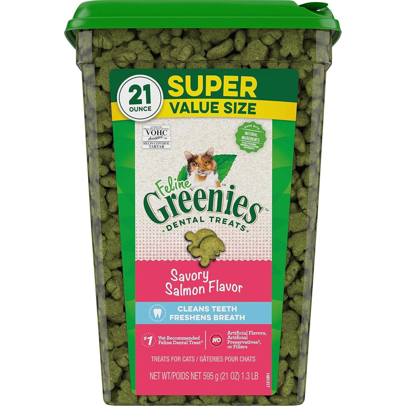 Greenies Dental Treats for Adult Cats, Savory Salmon Flavor, 21 oz Tub