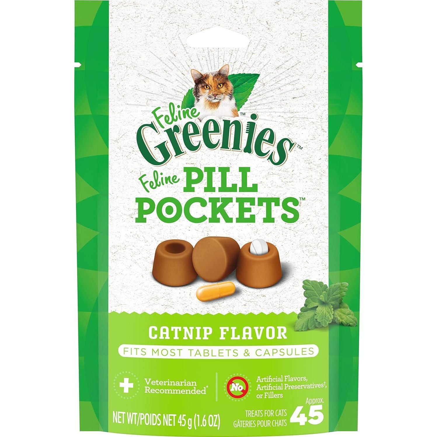 Greenies Feline Pill Pockets For Cats Natural Soft Cat Treats, Catnip Flavor, 1.6 Oz. Pack (45 Treats),
