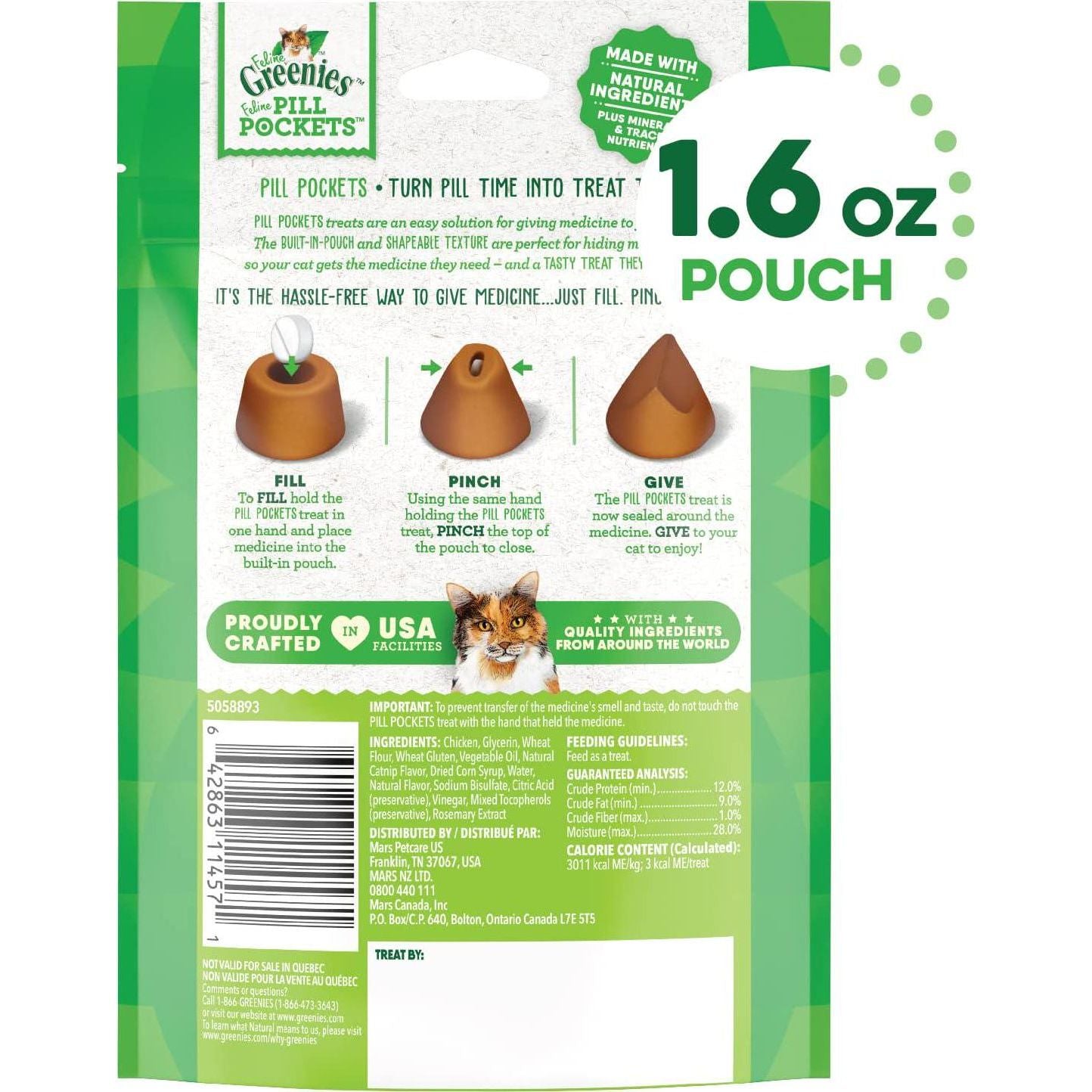 Greenies Feline Pill Pockets For Cats Natural Soft Cat Treats, Catnip Flavor, 1.6 Oz. Pack (45 Treats),