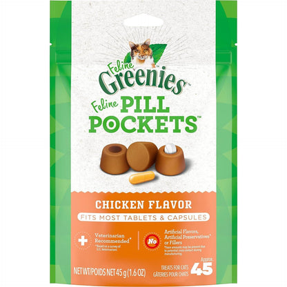 Greenies Pill Pockets Cat Treats Chicken Flavor 1.6 oz 45 Count Soft Treats for Giving Medication