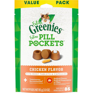 Greenies Feline Pill Pockets For Cats Natural Soft Cat Treats, Chicken Flavor, 3 Oz. Pack (85 Treats),