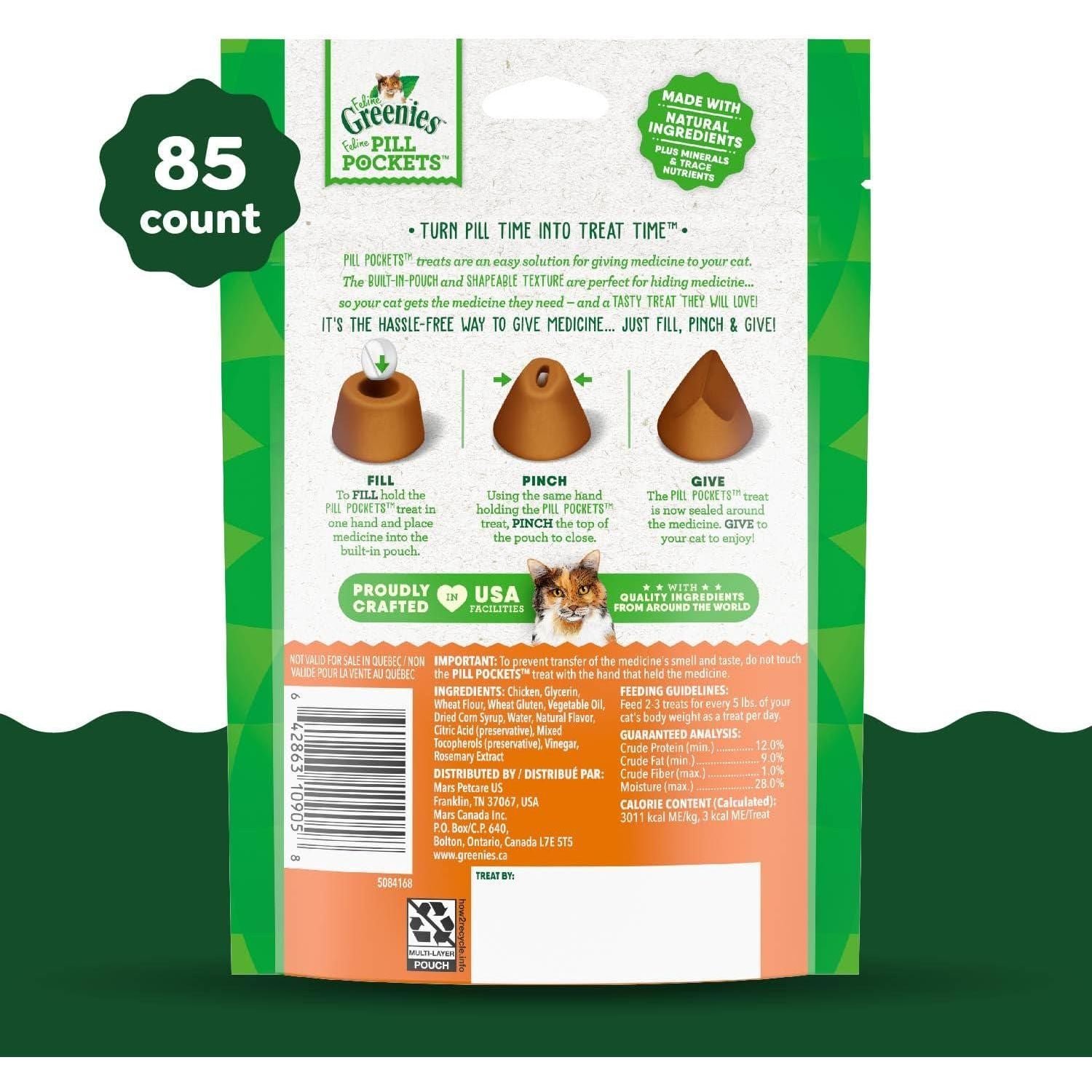 Greenies Feline Pill Pockets For Cats Natural Soft Cat Treats, Chicken Flavor, 3 Oz. Pack (85 Treats),
