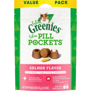 Greenies Feline Pill Pockets For Cats Natural Soft Cat Treats, Salmon Flavor, 3 Oz. Pouch (85 Treats),