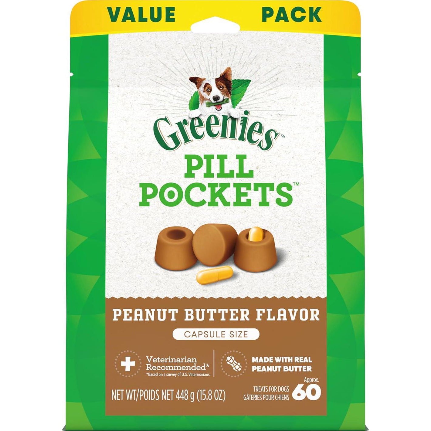 Greenies Pill Pockets Large, 60 Ct, Peanut Butter Flavor, Soft Treats for Hiding Dog Meds, Vet-Recommended
