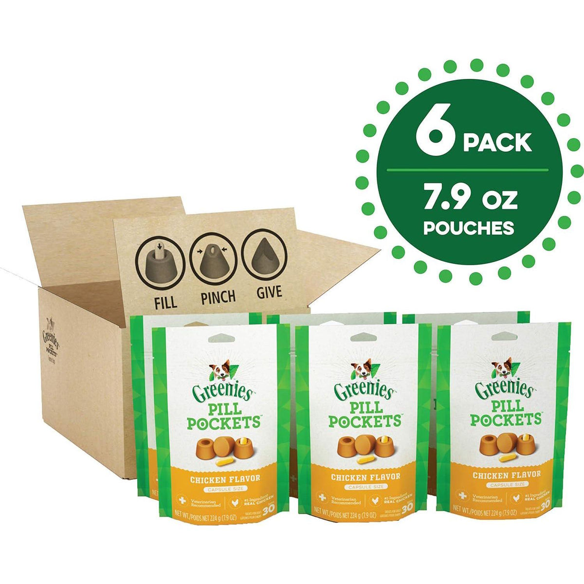 Greenies Pill Pockets For Dogs Capsule Size Natural Soft Dog Treats, Chicken Flavor, (6) 7.9 Oz. Packs (180 Treats),