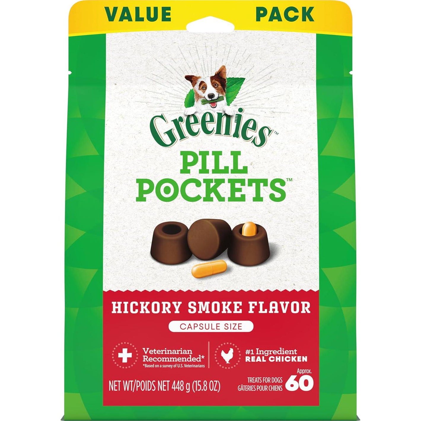 Greenies Pill Pockets for Dogs Large Size Hickory Smoke Flavor 60 Soft Treats 15.8 oz Pouch