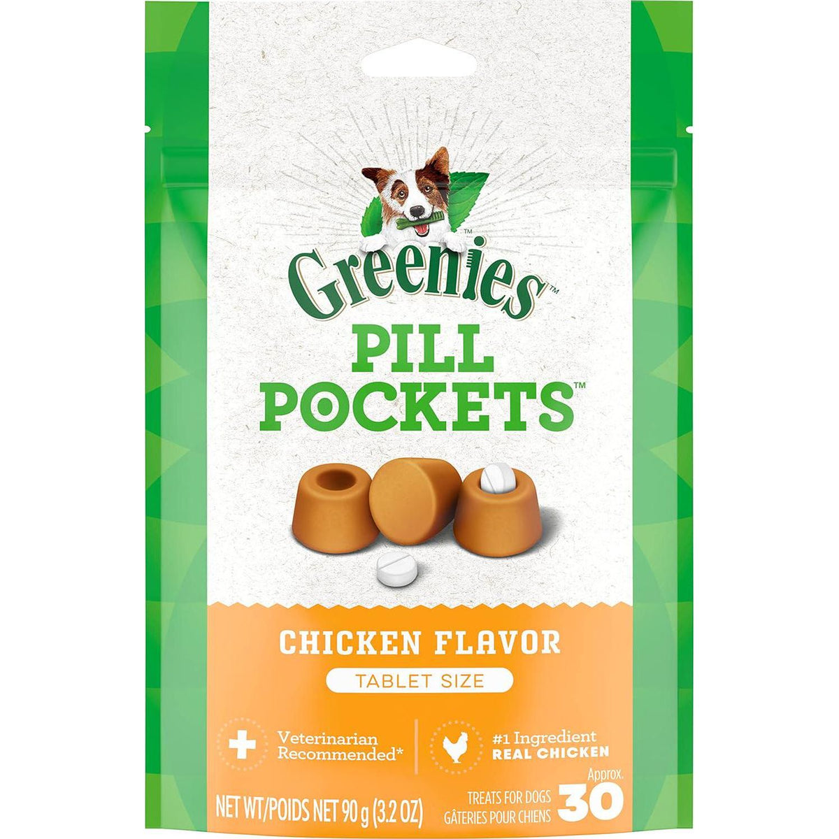 Greenies Pill Pockets For Dogs Tablet Size Natural Soft Dog Treats, Chicken Flavor, 3.2 Oz. Pack (30 Treats),