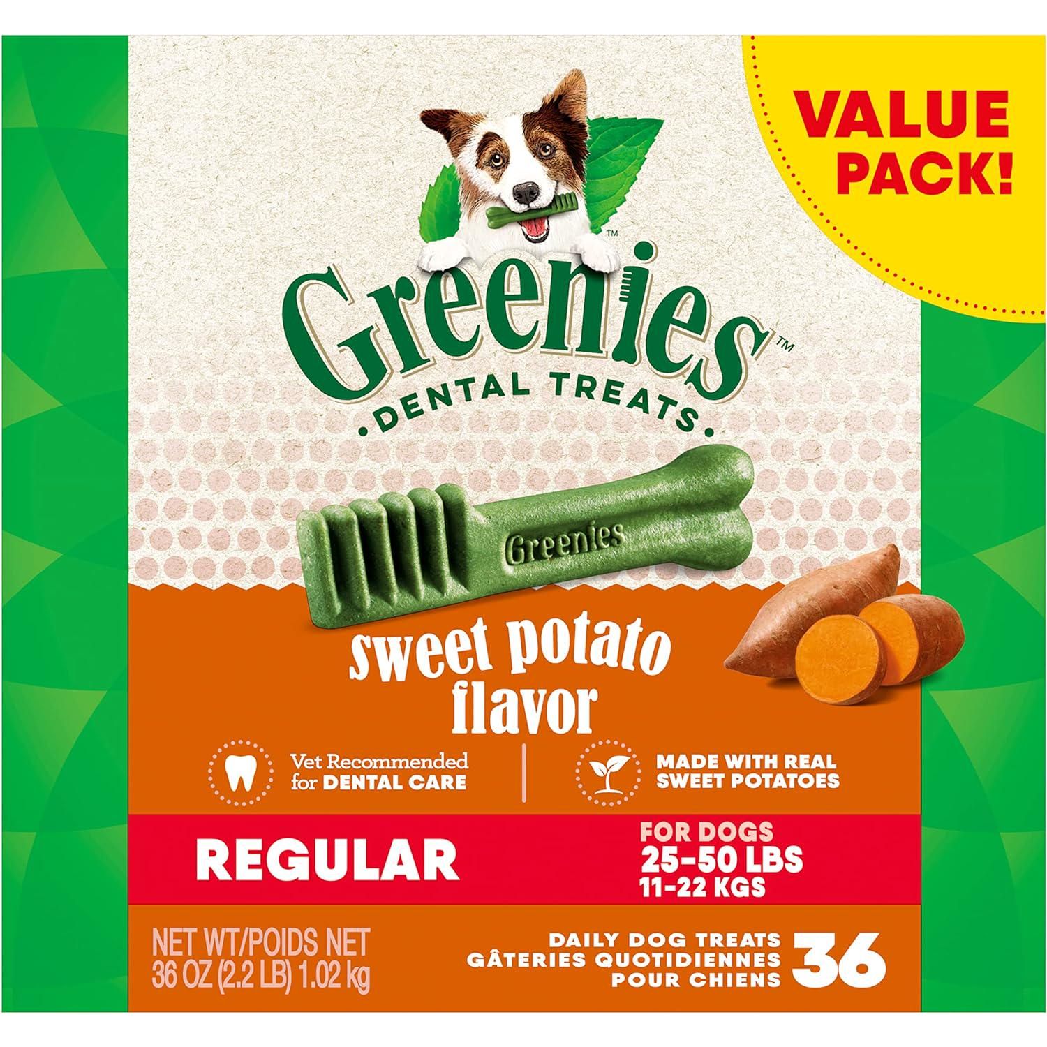 Greenies Regular Natural Dog Dental Treats, Sweet Potato Flavor, 36 Oz. Pack (36 Treats),