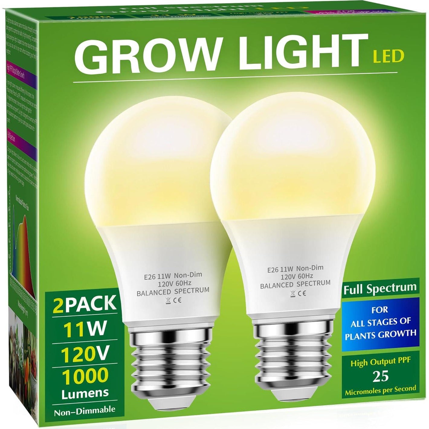 Grow Light Bulbs, Briignite LED Grow Light Bulb A19 Bulb, Full Spectrum Grow Light Bulb, Plant Light Bulbs E26 Base, 11W Grow Bulb 100W Equivalent, Grow Light For Indoor Plants, Seed Starting, 2Pack,713929565030