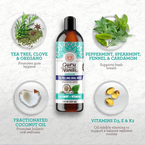 GuruNanda Coconut Oil Pulling, Promotes Fresh Breath & Oral Hygiene, 7 Essential Oils & Vitamins for Healthy Teeth & Gums, Alcohol-Free, 8oz