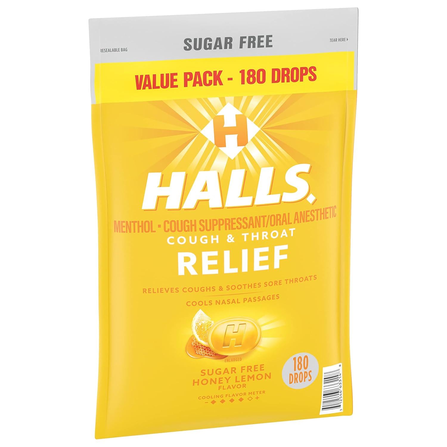 HALLS Relief Honey Lemon Sugar Free Cough Drops, Value Pack, 180 Drops,