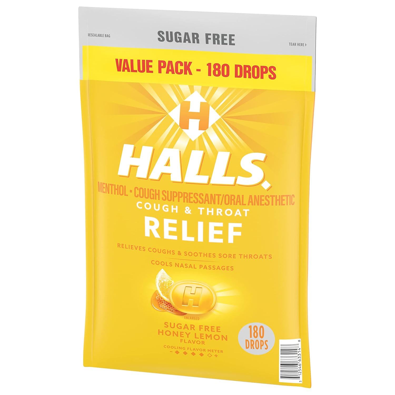 HALLS Relief Honey Lemon Sugar Free Cough Drops, Value Pack, 180 Drops,