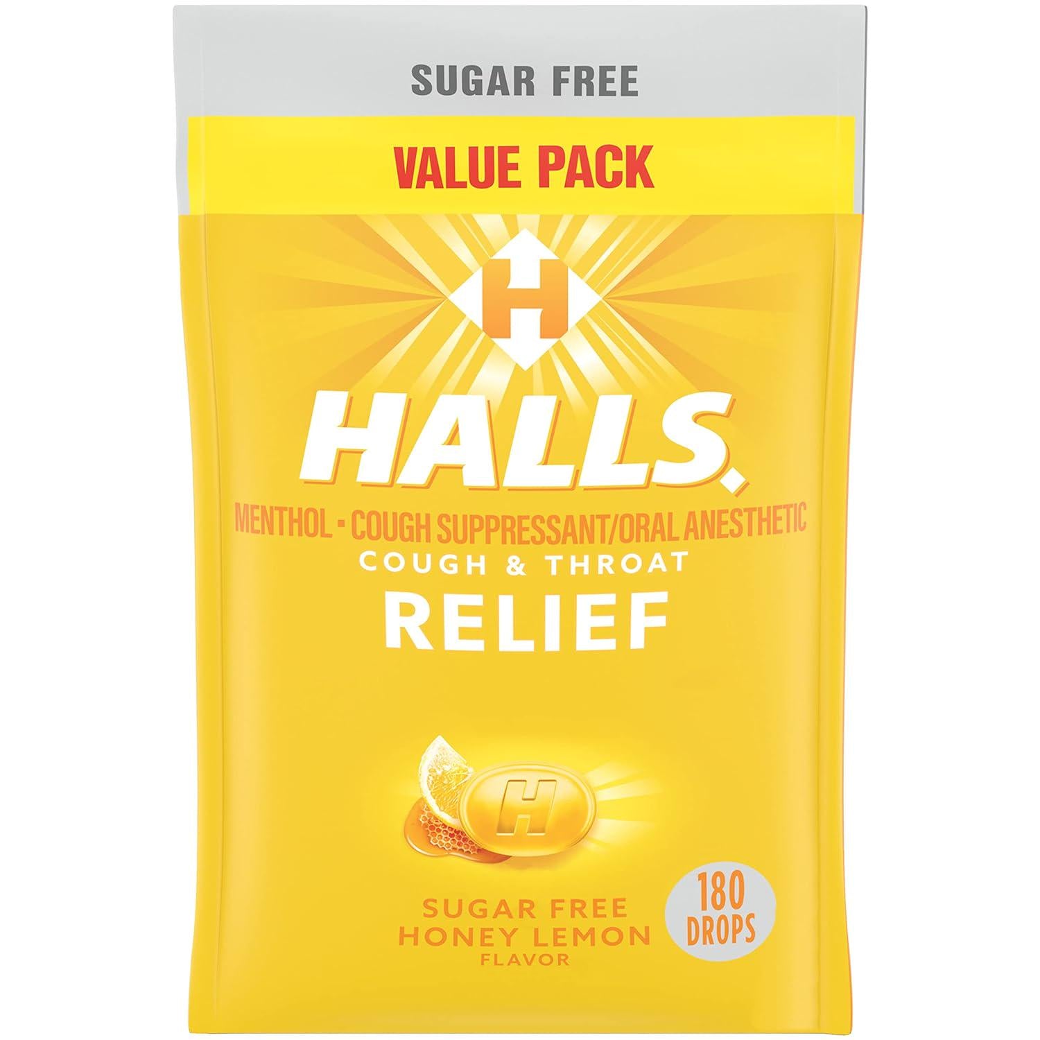 HALLS Relief Honey Lemon Sugar Free Cough Drops, Value Pack, 180 Drops,
