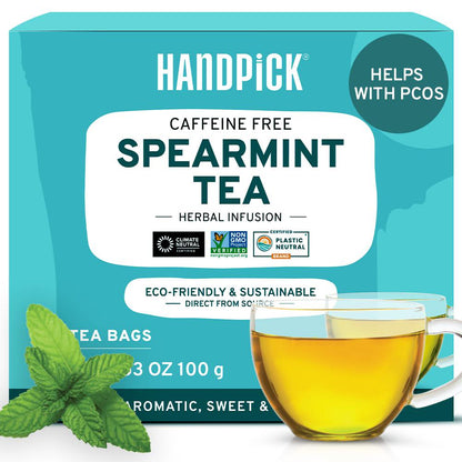 Handpick Spearmint Tea Bags, 100 Herbal Tea Bags, Refreshing Mint Tea for PCOS Support, Non-GMO & Gluten-Free