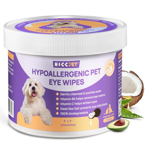 HICC Pet Eye Wipes for Dogs and Cats 100 Ct Coconut Oil Tear Stain and Crust Remover for Grooming