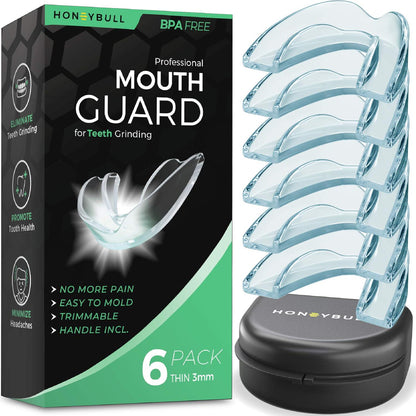 HONEYBULL Mouth Guard For Grinding Teeth [6 Pack - Thin] 1 Size For Light Grinding | Comfortable Custom Mouth Guard For Clenching Teeth At Night, Bruxism, Whitening Tray And Guard,