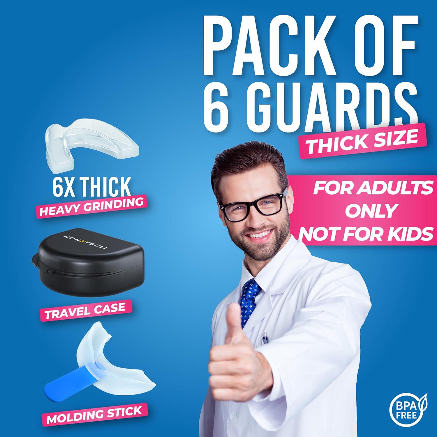 HONEYBULL Mouth Guard For Grinding Teeth [6 Pack - Thick] 1 Size For Heavy Grinding | Comfortable Custom Mouth Guard For Clenching Teeth At Night, Bruxism, Whitening Tray And Guard,