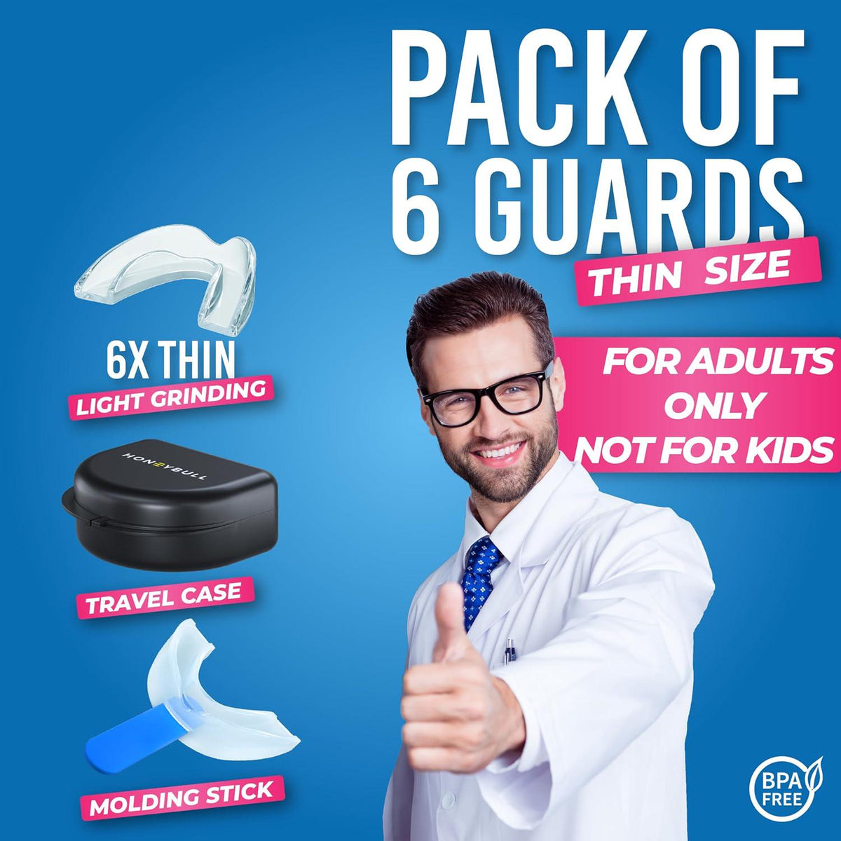 HONEYBULL Mouth Guard For Grinding Teeth [6 Pack - Thin] 1 Size For Light Grinding | Comfortable Custom Mouth Guard For Clenching Teeth At Night, Bruxism, Whitening Tray And Guard,